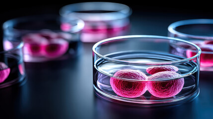 High angle shot of lab plates containing pink cell cultures, showcasing scientific research and experimentation in modern laboratory setting