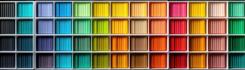 Colorful arrangement of art supplies in grid pattern, showcasing various shades and hues, creating vibrant and artistic display