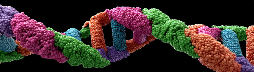 High resolution image of colorful DNA double helix structure, showcasing vibrant nucleotides and molecular details, representing genetic