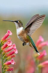 Fototapeta premium National Hummingbird Day Ruby-Throated Hummingbird Hovering Over Trumpet Vine Flowers Summer Pride Month Nature Awareness Campaigns for Millennials