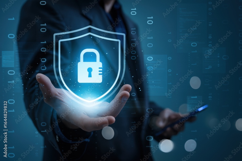 Poster cyber security system,hand holding glowing digital shield with lock icon,data privacy protection,onl