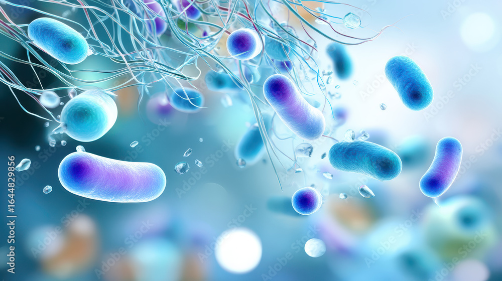 Poster close-up view of colorful bacteria and microorganisms in abstract composition, illustrating biologic