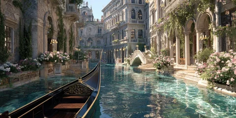 Wandcirkels Gondels Venetian canal scene with gondola, ornate buildings, and lush vegetation.  A picturesque, sun-drenched waterway lined with beautiful, old-world architecture.    © zulfa