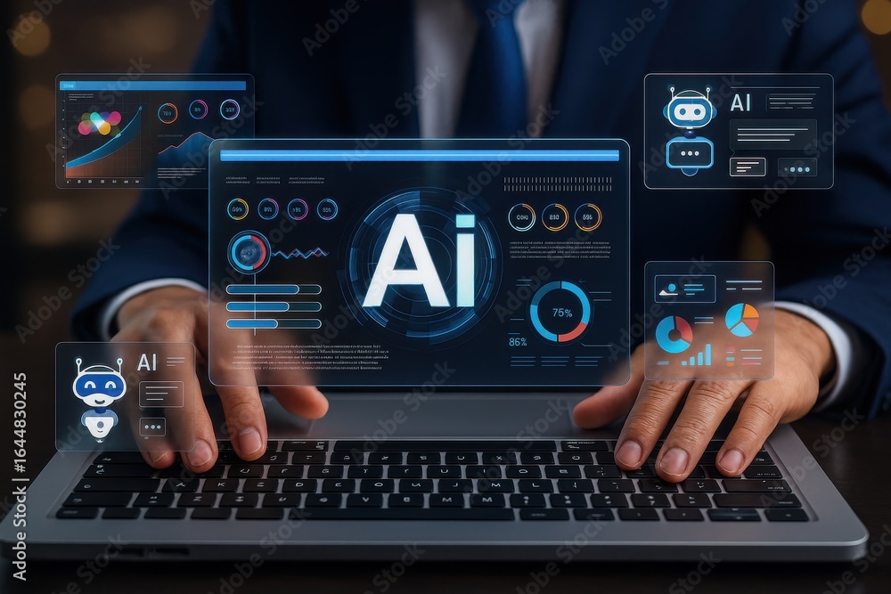 Poster artificial intelligence data analysis,ai dashboard on laptop screen,businessman using virtual charts