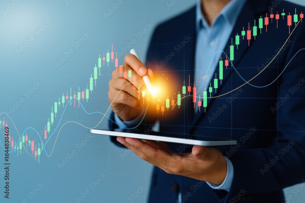 Aufkleber trader using digital tablet for market analysis,financial stock graph projection,interactive trading