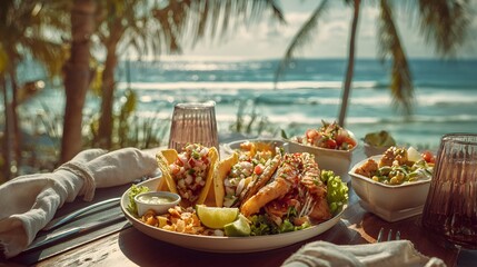 Delicious seafood tacos and salads with a beach view for a perfect summer vacation lunch experience