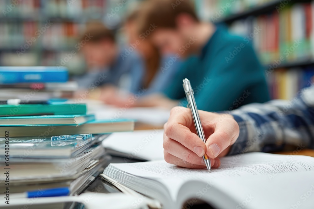 Poster close up of hand writing notes in library with blurred students studying in background