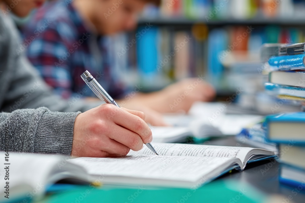 Poster close up of student's hand writing in notebook while studying in library, surrounded by books and cl