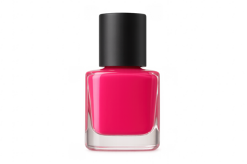 Pink nail polish bottle with black cap on transparent background