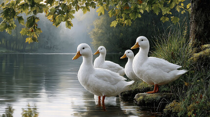Obraz premium White ducks stand beside tranquil lake