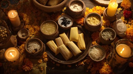 Authentic day of the dead offerings with tamales candles and marigolds for ofrenda celebration