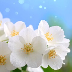 Obraz premium Close-up of dewy white blossoms against a blurred blue sky