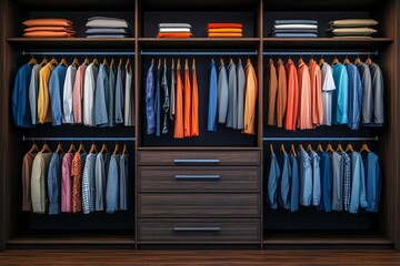 Modern dark wooden walk-in wardrobe with clothes hanging on rods, shelves, and drawers, offering ample space for storing and organizing. Luxury interior design for a walk-in closet, Generative AI