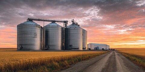 Metal grain silos stand in a golden wheat field at sunrise