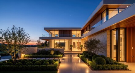Fototapeta premium Modern luxury home at twilight, landscaped garden and warm inviting lights