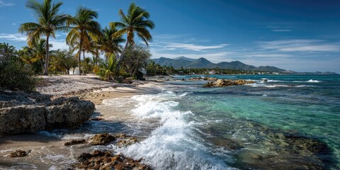 Tropical beach scene with turquoise water, palm trees, and rocks