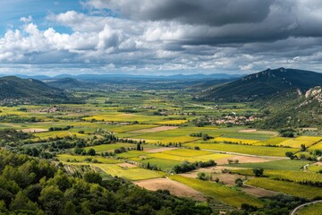 Fototapeta premium Panoramic view of a valley. Rolling hills, vibrant fields, and distant mountains. Partly cloudy sky