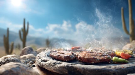 Outdoor grilling in the desert landscape with steaks and vegetables cooking on a stone bbq grill scene