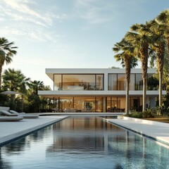 Fototapeta premium Exterior view of an amazing modern minimalist cubic villa with a large swimming pool surrounded by palm trees, showcasing architectural beauty. 3D rendering, Generative AI