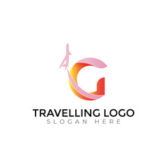 Obraz premium Modern Travel Agency Letter Logo with Airplane and Sunset Design