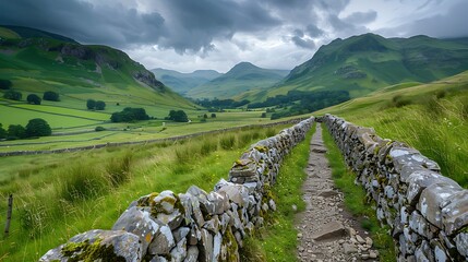 Scenic countryside footpath winds through vibrant green valleys and hills under a dramatic cloudy sky.