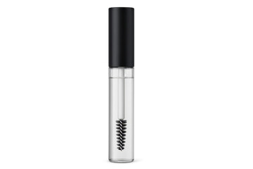 Transparent brow gel tube with black cap on transparent background