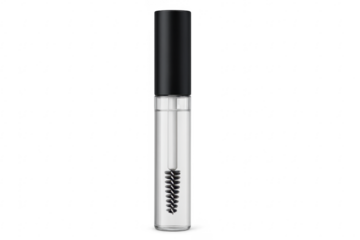 Transparent brow gel tube with black cap on transparent background
