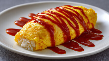 白い皿にケチャップがかかった綺麗な黄色のふわふわオムライス