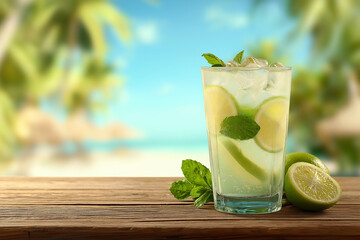 Cold Citrus Drink with Fresh Lime Slices and Mint Leaves on Wooden Table