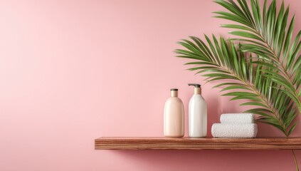 Two bottles of lotion and rolled towels sit on a wooden shelf against a pale pink wall, with a palm frond to the right