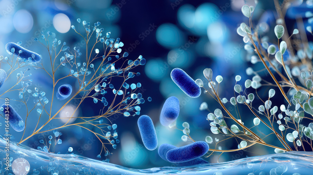 Poster colorful abstract representation of bacteria and plant-like structures in a fluid environment with a