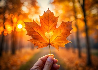 Hand holding an orange maple leaf with a heart shape in sunlight