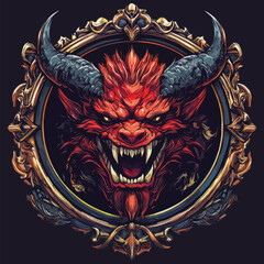 Furious Red Horned Demon Head Illustration with Dark Armor and Aggressive Snarl. Mythical Monster Portrait.	