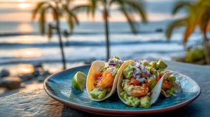 Delicious shrimp tacos with avocado and lime on a plate by the beach at sunset for a tropical vacation