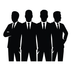 Three silhouetted businessmen standing confidently together isolated on white background