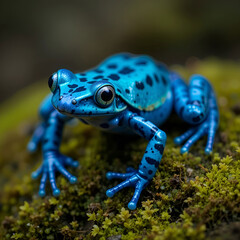 Obraz premium A close-up of a dart frog (Dendrobates tinctorius azureus) on moss, displaying its vivid blue.