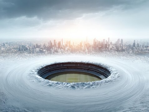 Premium iconic cricket ground with city skyline at sunset modern professional sports venue for inspiring destination marketing and urban lifestyle campaigns