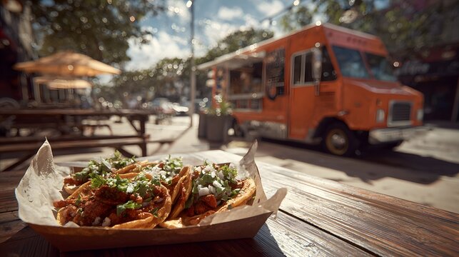 Delicious tacos from food truck: authentic mexican street food cuisine outdoor dining experience at food truck