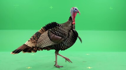 Turkey Walking on Green Screen Background, Isolated for Easy Compositing