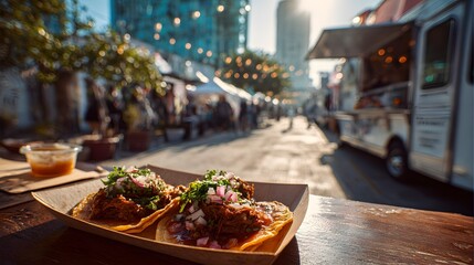 Delicious street tacos from food trucks at outdoor festival with authentic mexican cuisine and urban atmosphere