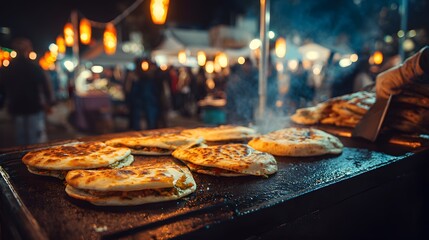 Street food vendor cooking delicious gozleme at night market with lights and people in the background