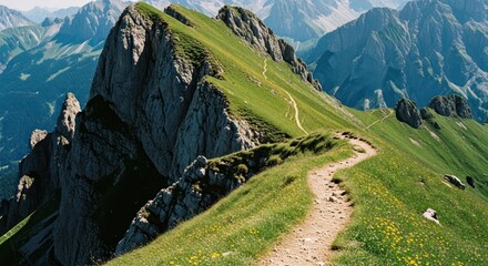 Mountain ridge with a trail traversing a grassy slope into hazy peaks