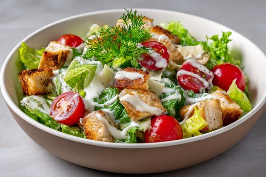 Caesar salad with grilled chicken, lettuce, croutons, parmesan cheese and cherry tomatoes, topped with dill
