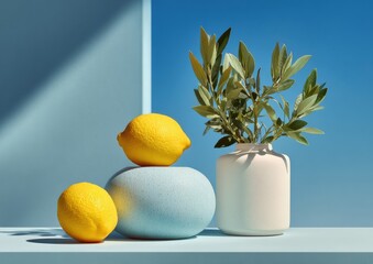 Modern Minimalist Lemon Still Life with Greenery in Ceramic Vase Premium High-Quality Seasonal Decor for Lifestyle and Social Media Content