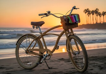 Fototapeta premium Beach Cruiser Bicycle at Sunset with Basket, Towel, and Sunglasses