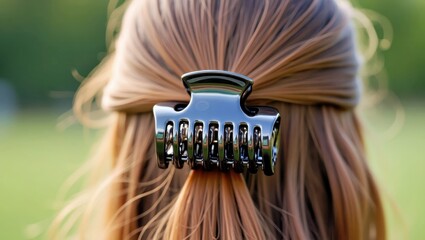 Claw Clip. Brown hair woman with black hair clip outdoors summer casua