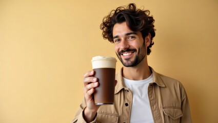 Chagaccino. Smiling man with curly hair holding coffee cup isolated ye