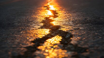 Naklejka premium Sunlight highlights a crack in a dark asphalt road.