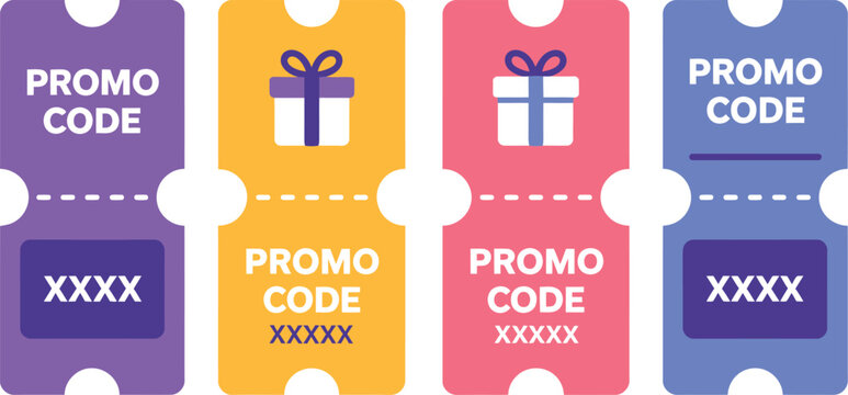 Four colorful promotional discount coupons with gift boxes and promo code text