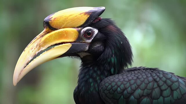 Detailed portrait of a hornbill with a vibrant yellow casque and large beak, highlighting its unique tropical bird features.